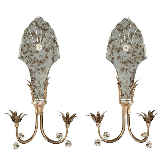 Pair Vintage Global Views Mirrored Brass Wall Sconce Hollywood Regency Italian